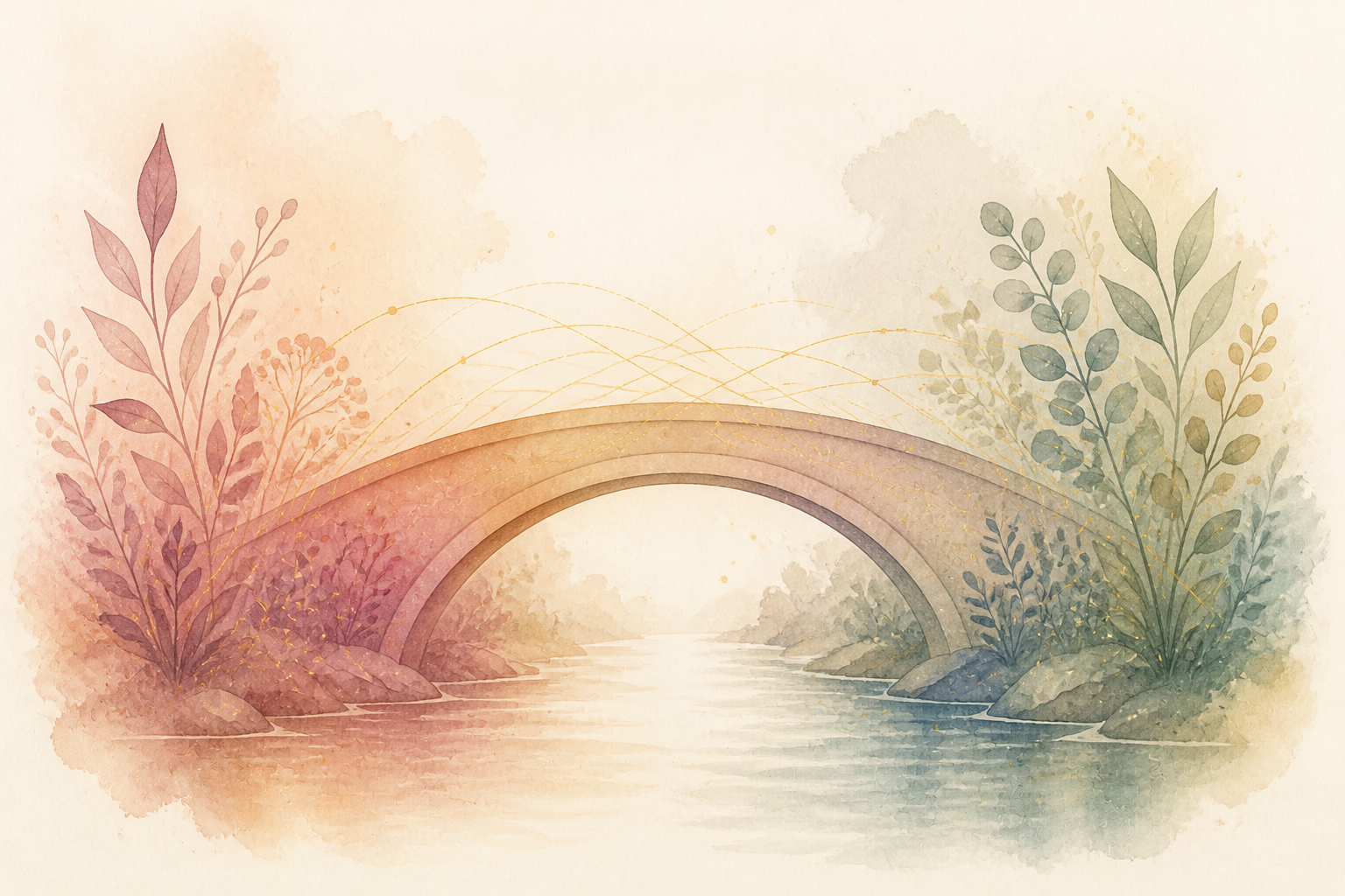 Watercolour bridge joining two riverbanks with diverse plants