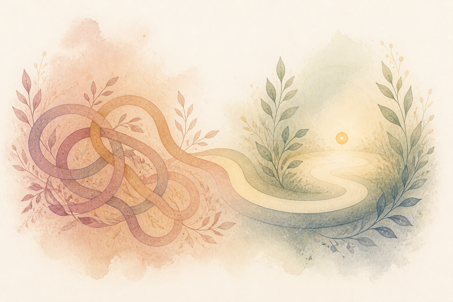 Watercolour path untangling towards a calm clearing